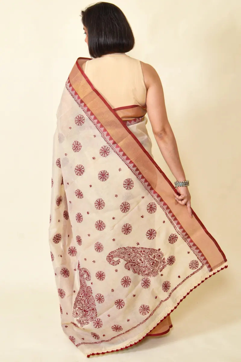 Red Brown Color With Chanderi Border Supernet Hand Embroidered Lucknowi Chikankari Saree With Blouse