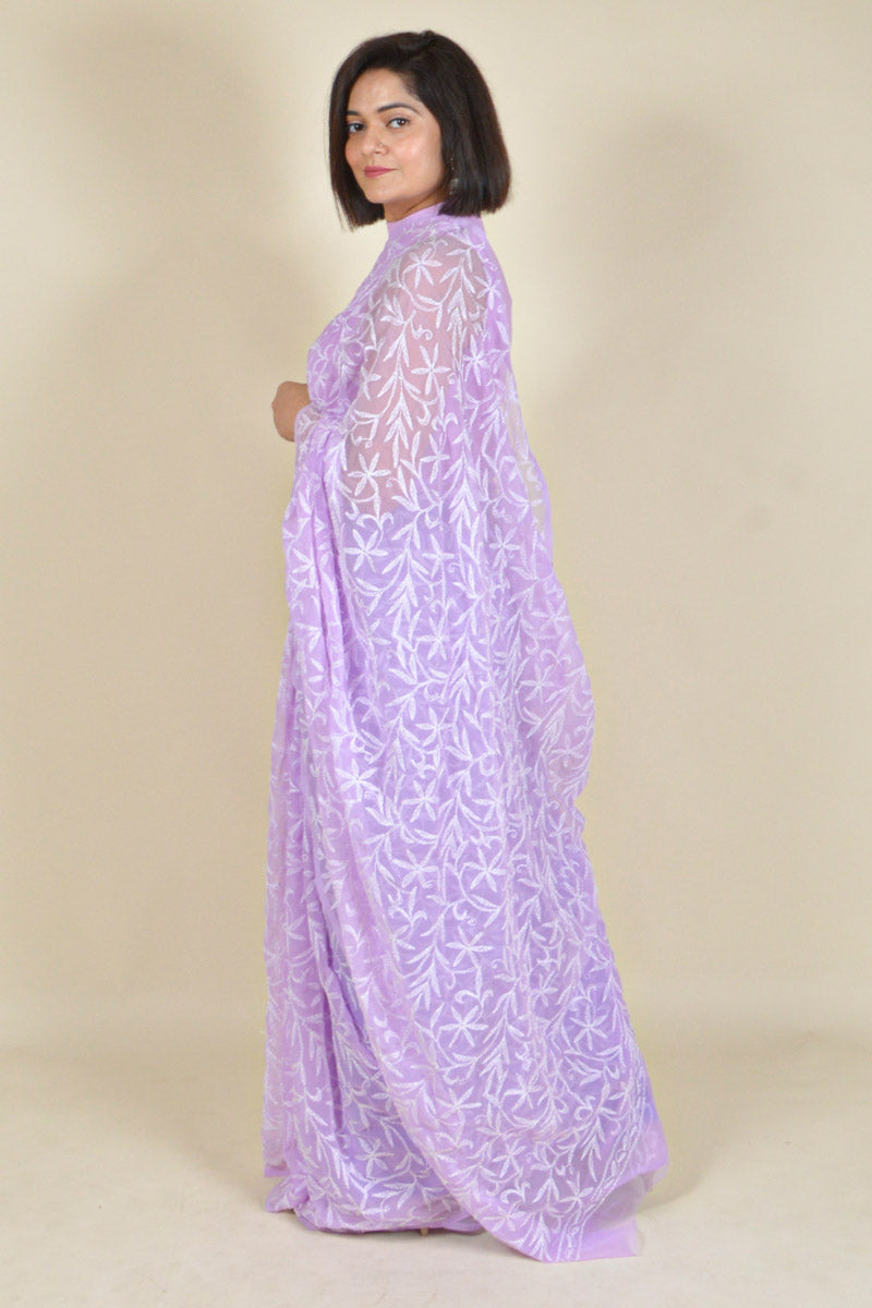 Lavender Colour Georgette Tepchi Work Lucknowi Chikankari Saree With Blouse