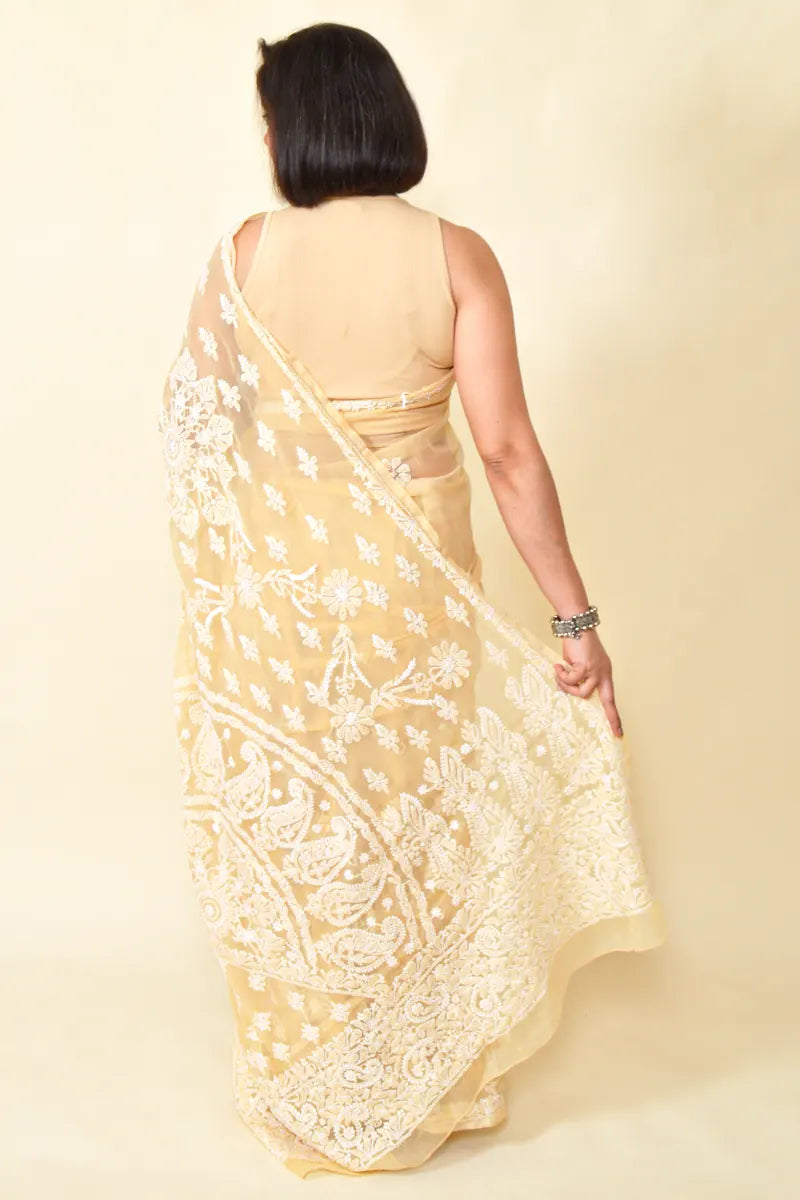 Fawn Colour Georgette Lucknowi Chikankari Saree With Blouse