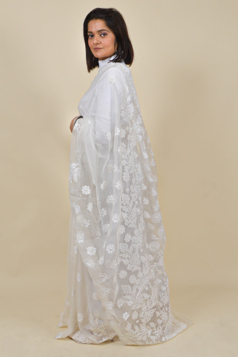 White Color Organza Lucknowi Chikankari Saree With Blouse