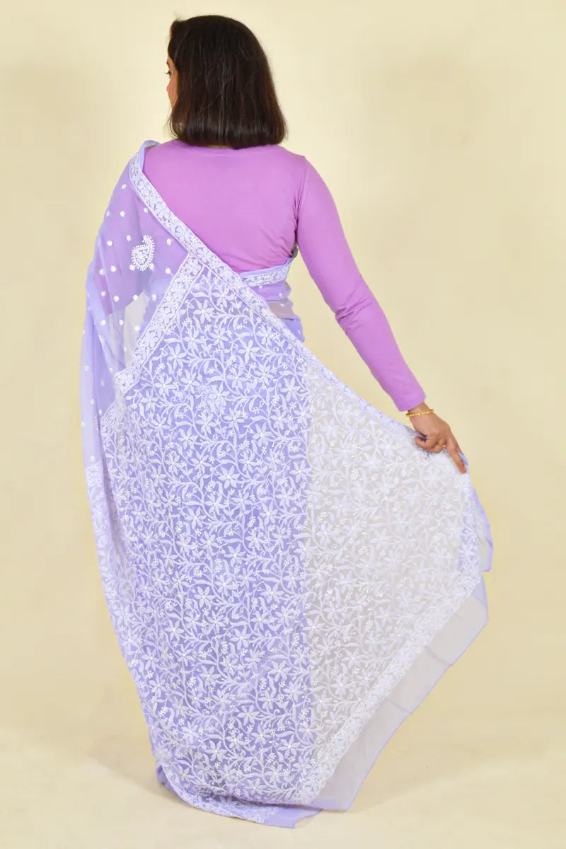 Lavender Colour Georgette Lucknowi Chikankari Saree With Blouse