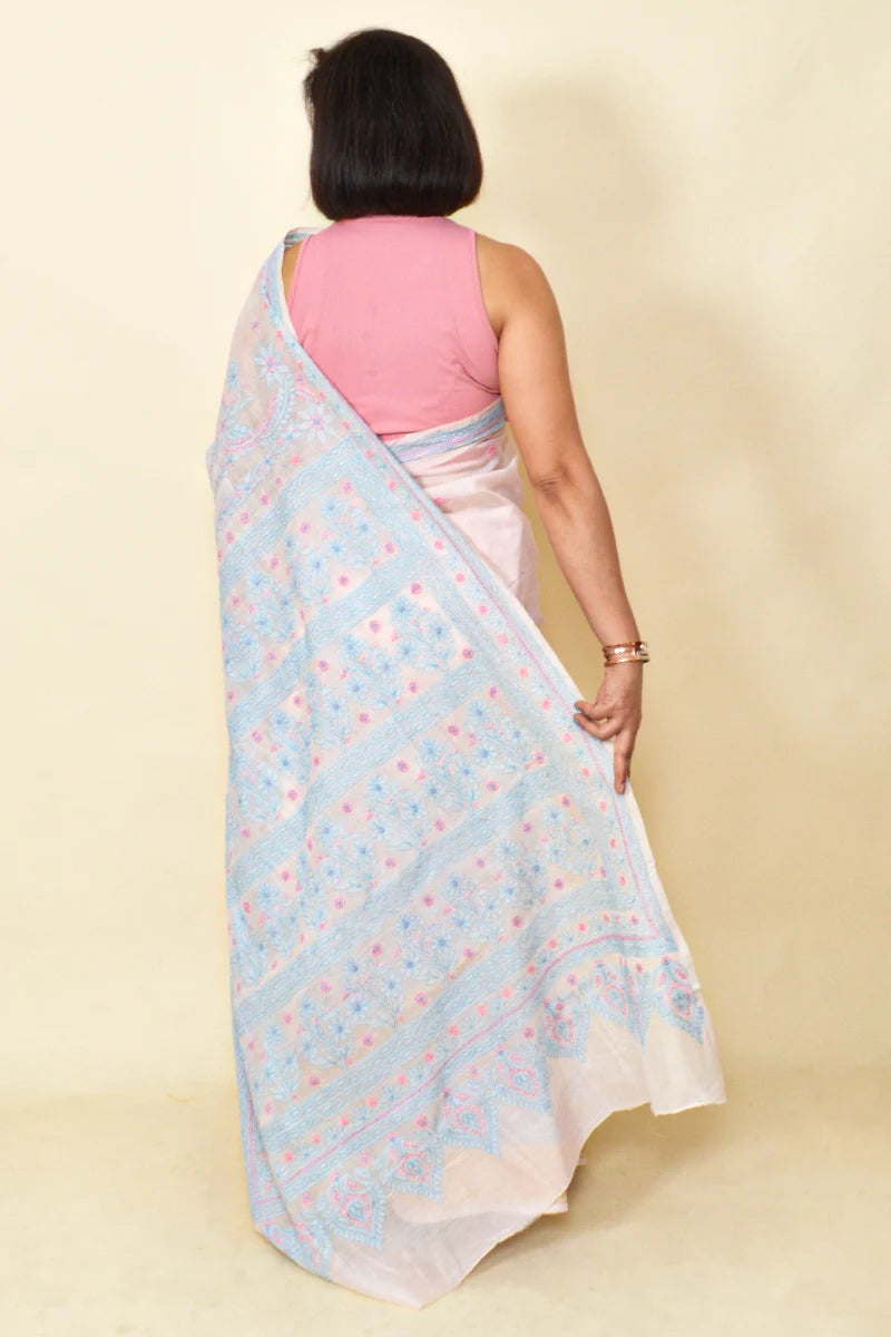 Pastel Pink Colour Chanderi Lucknowi Chikankari Saree With Blouse