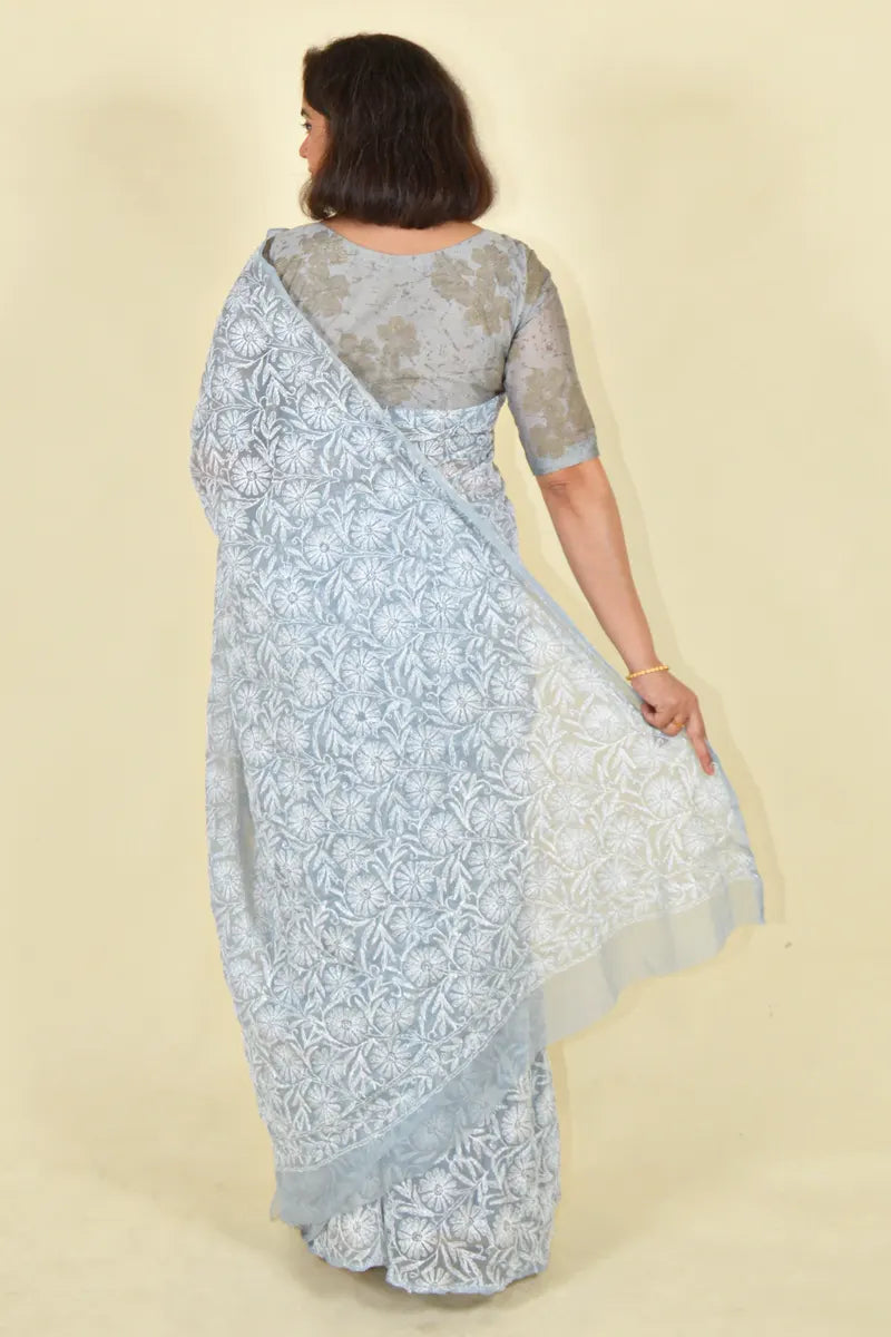 Gray Colour Georgette  Lucknowi Chikankari Saree With Blouse