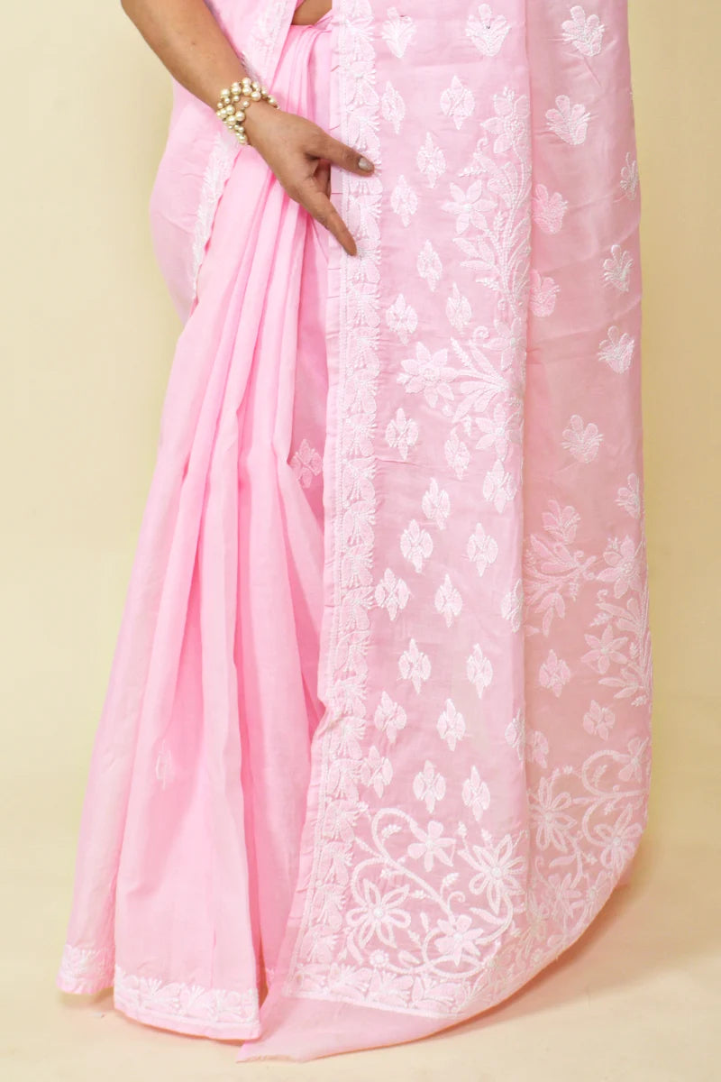 Pink Colour Cotton Lucknowi Chikankari Saree With Blouse