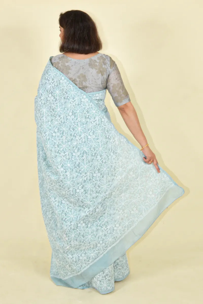 Bluesh Gray Colour Cotton Lucknowi Chikankari Saree With Blouse