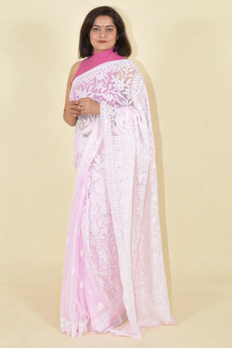 Pink Colour Georgette Lucknowi Chikankari Saree With Blouse