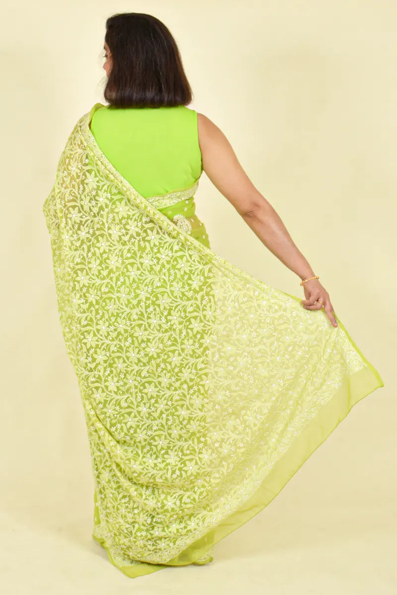 Green Colour Georgette Lucknowi Chikankari  Saree With Blouse