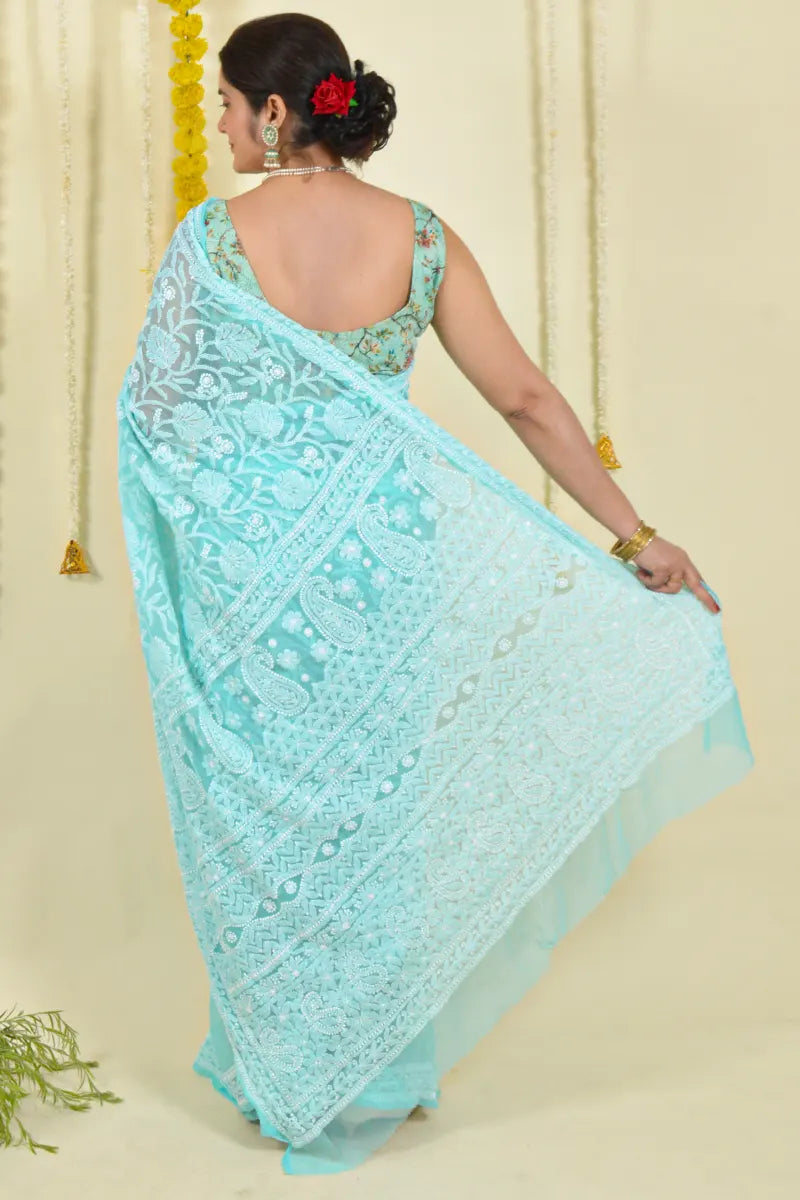 Sea Green Colour Georgette Lucknowi Chikankari Saree With Blouse