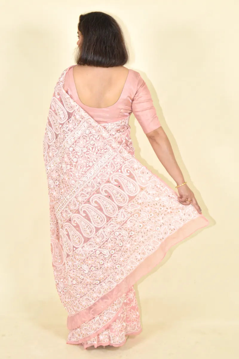 Peach Colour Georgette Lucknowi Chikankari  Saree With Blouse