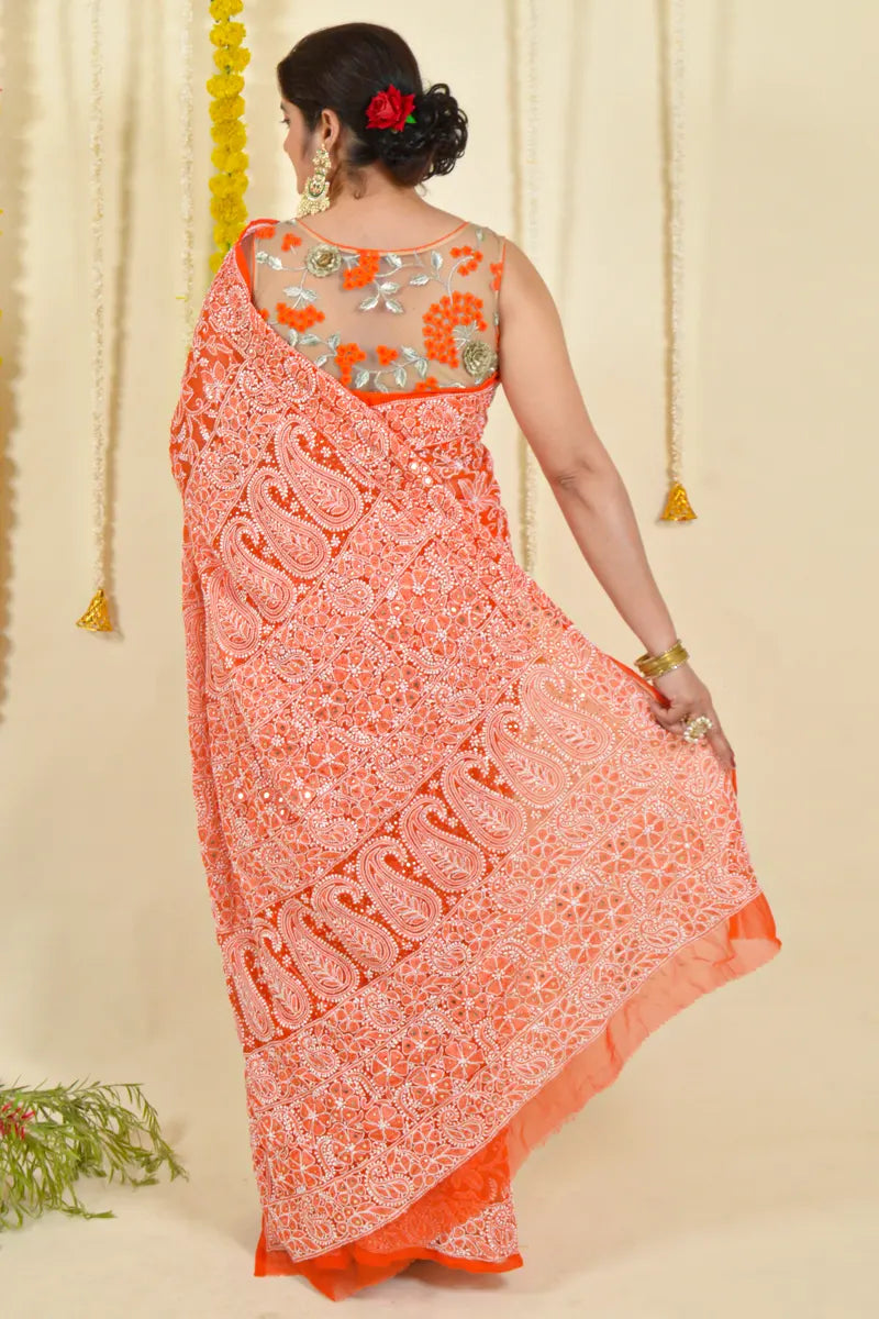 Orange Colour Georgette  Lucknowi Chikankari Saree With Blouse