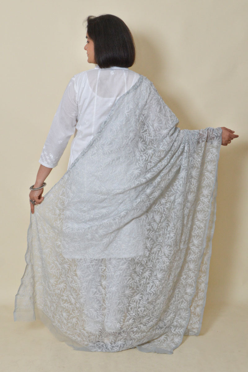 Grey color Georgette Allover Tepchi work Lucknowi Chikankari Dupatta