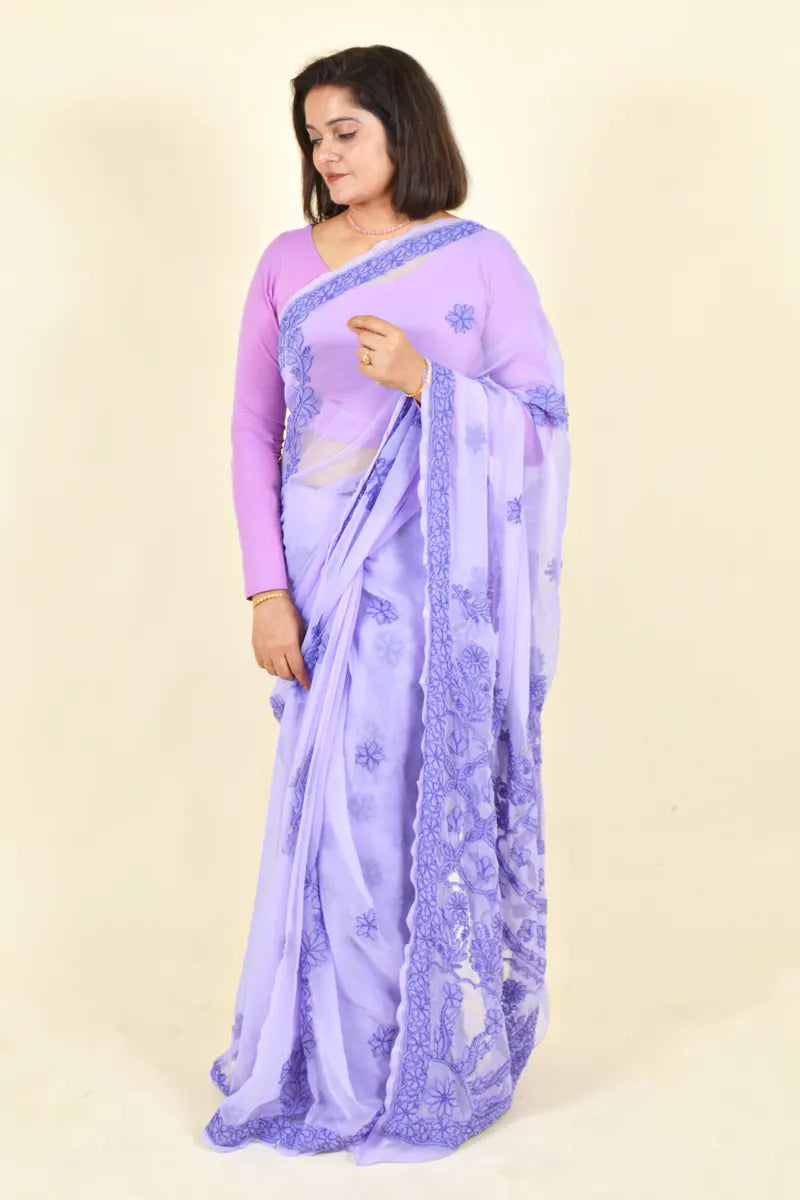 Lavender Colour Georgette Lucknowi Chikankari Saree With Blouse