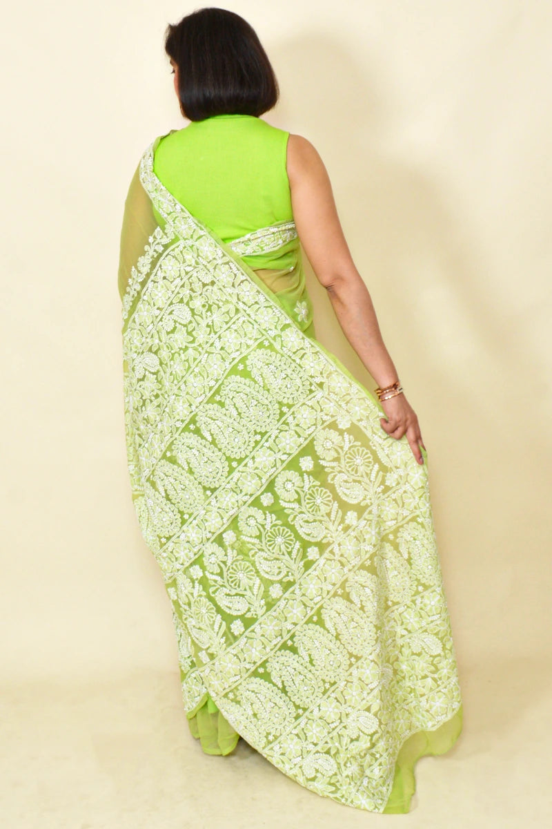 Fabnuma Handcrafted Green Georgette Chikankari Saree-Blouse