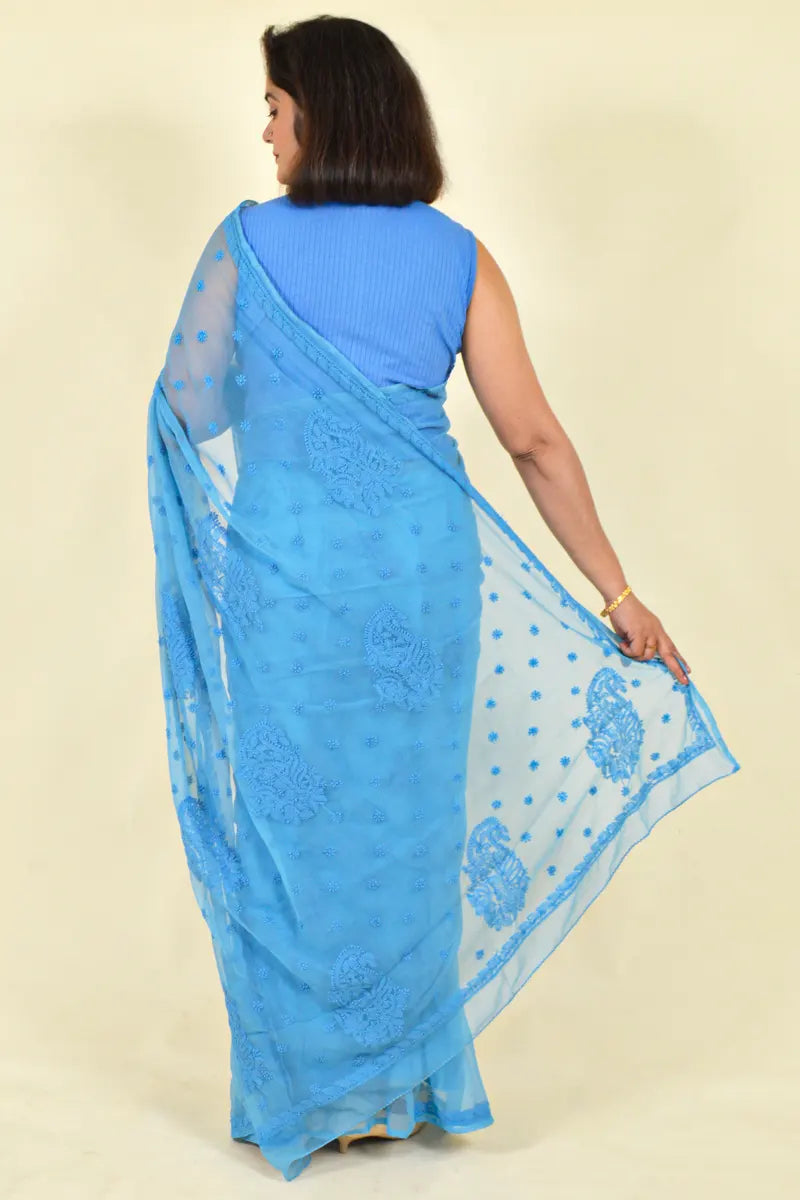 Turquoise Blue Colour Georgette Lucknowi Chikankari Saree With Blouse