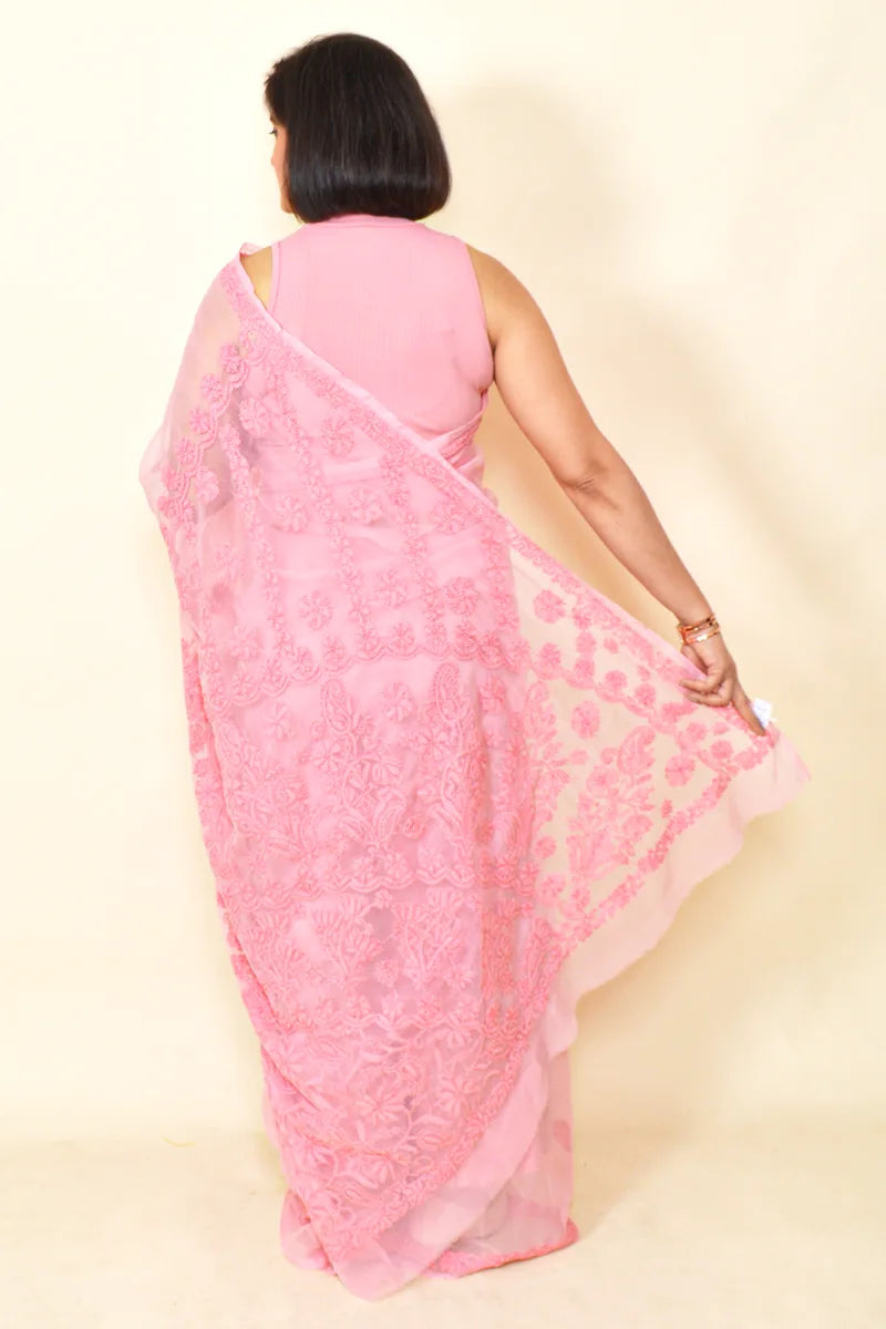 Peach Colour Georgette Lucknowi Chikankari Saree With Blouse