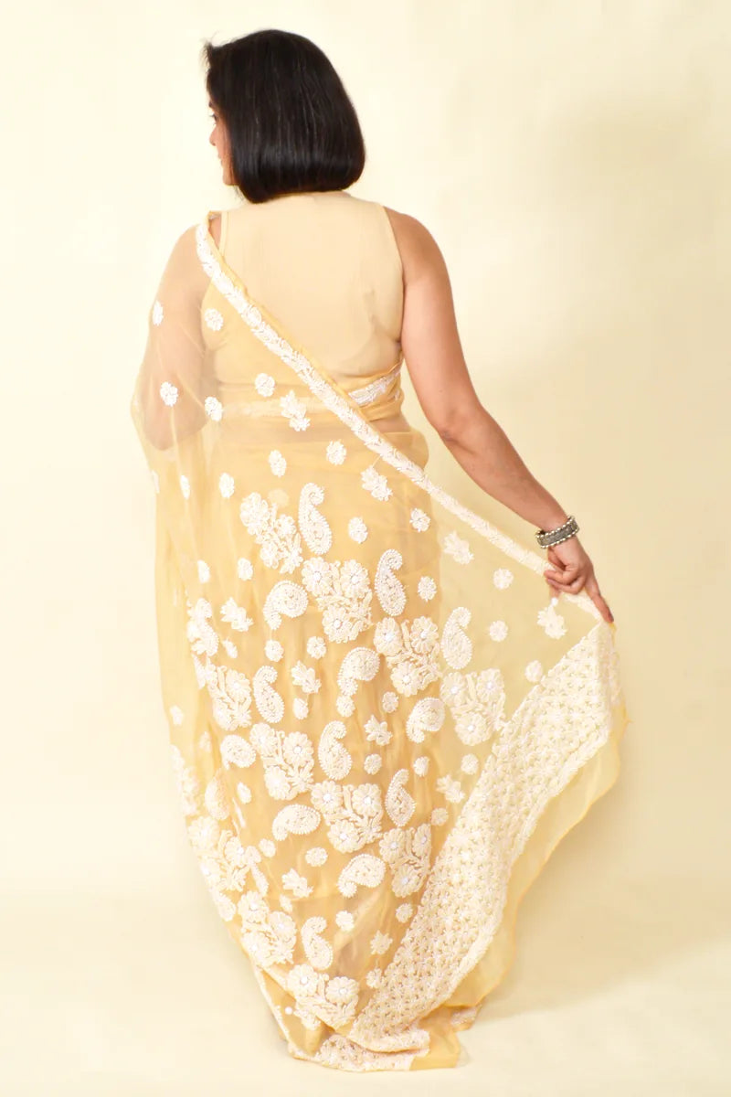 Fawn Colour Georgette Lucknowi Chikankari Saree With Blouse