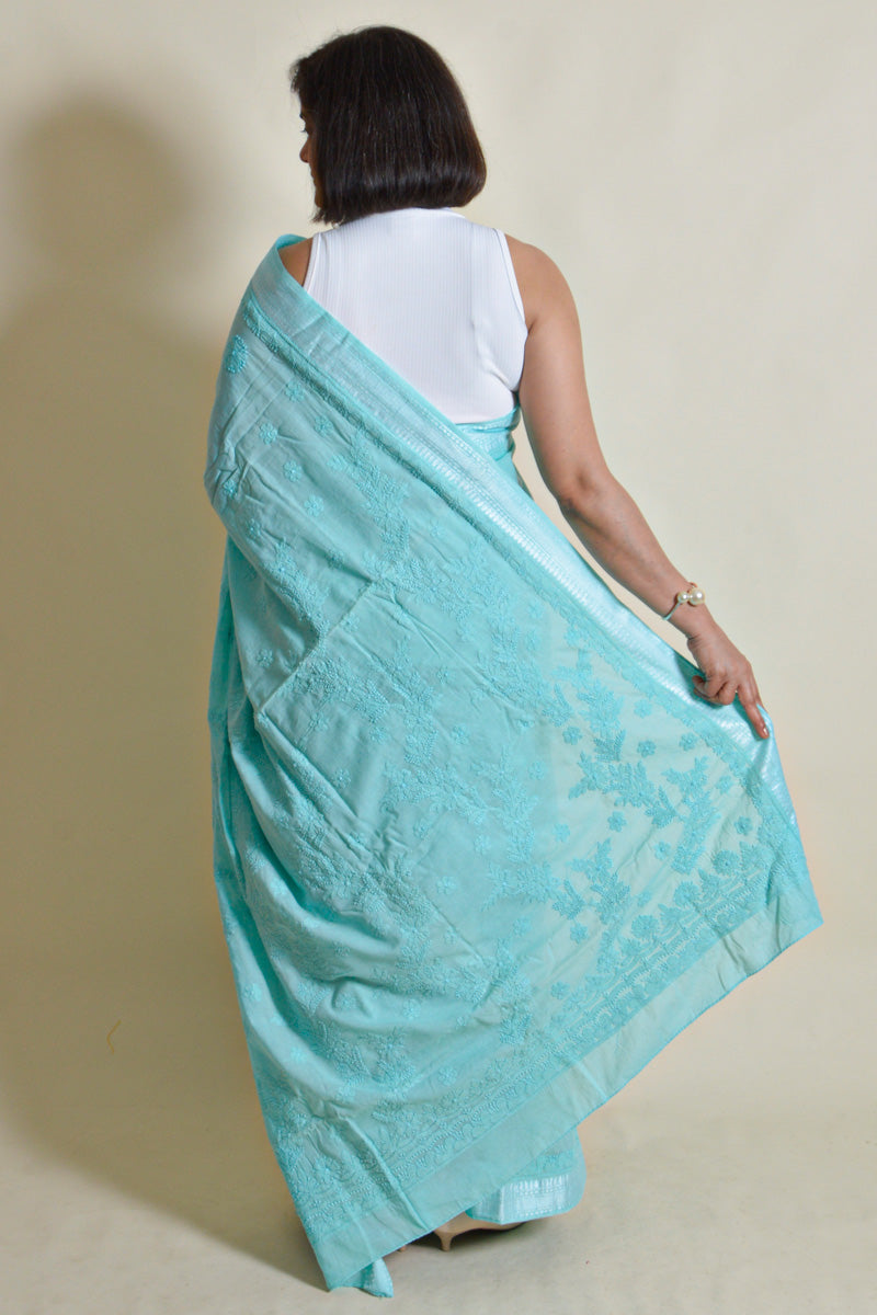 Sea Green Colour Mulmul Cotton Lucknowi Chikankari Saree With Blouse