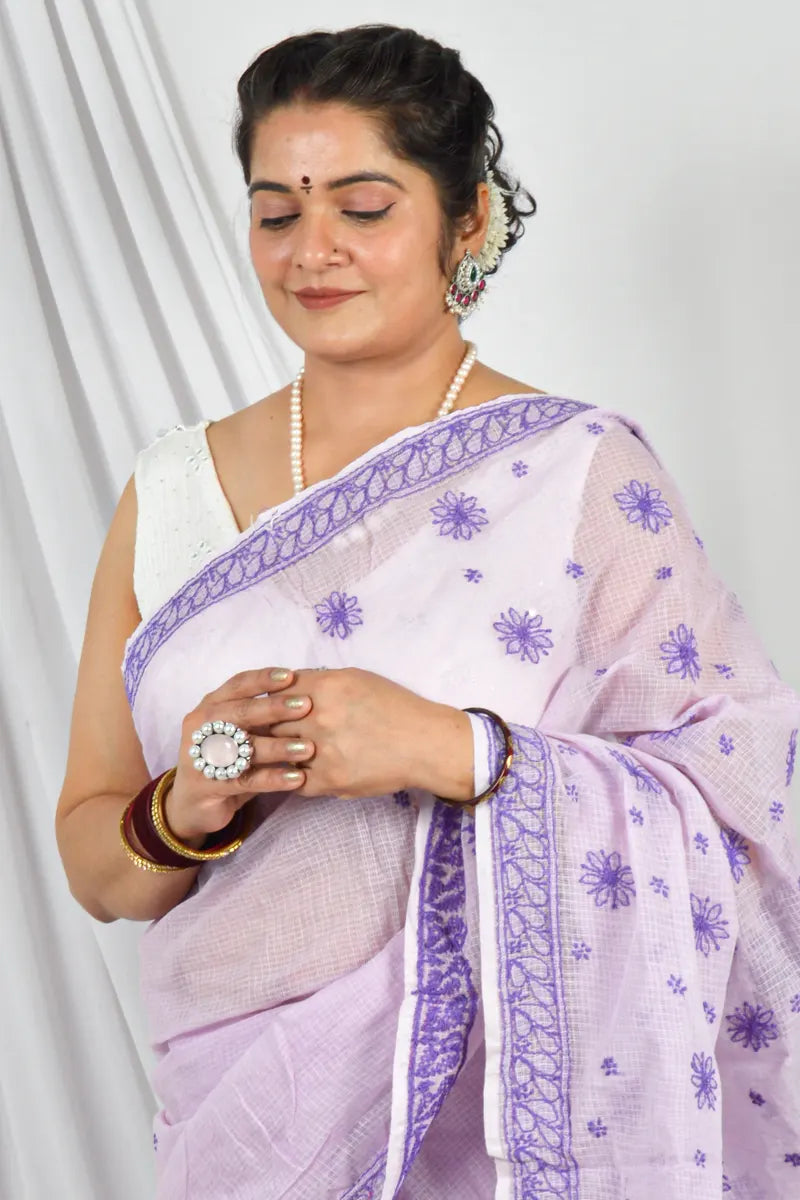 Handcrafted Lavender Kota Cotton Saree with Pearl & Sequin Work Designer Lucknowi Chikankari Embroidery and a matching Blouse, ideal for Festive and  occasions.