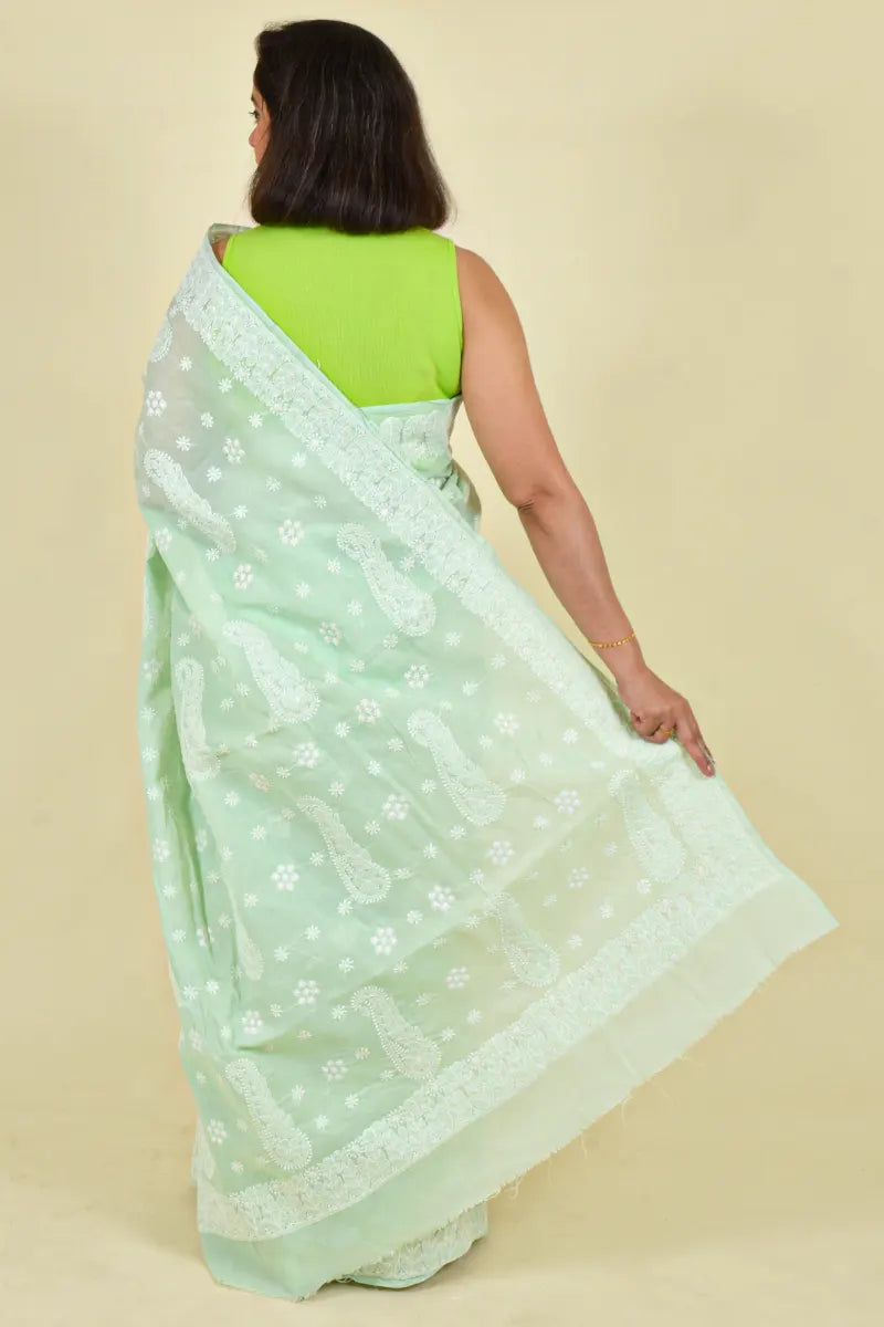 Fabnuma Handcrafted Mint Green Cotton Chikankari Saree-Blouse