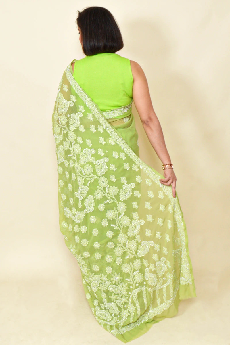 Green Colour Georgette Lucknowi Chikankari Saree With Blouse