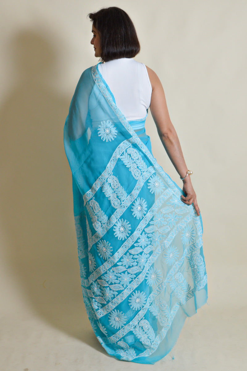 Aqua Blue Georgette Lucknowi Chikankari Saree With Blouse