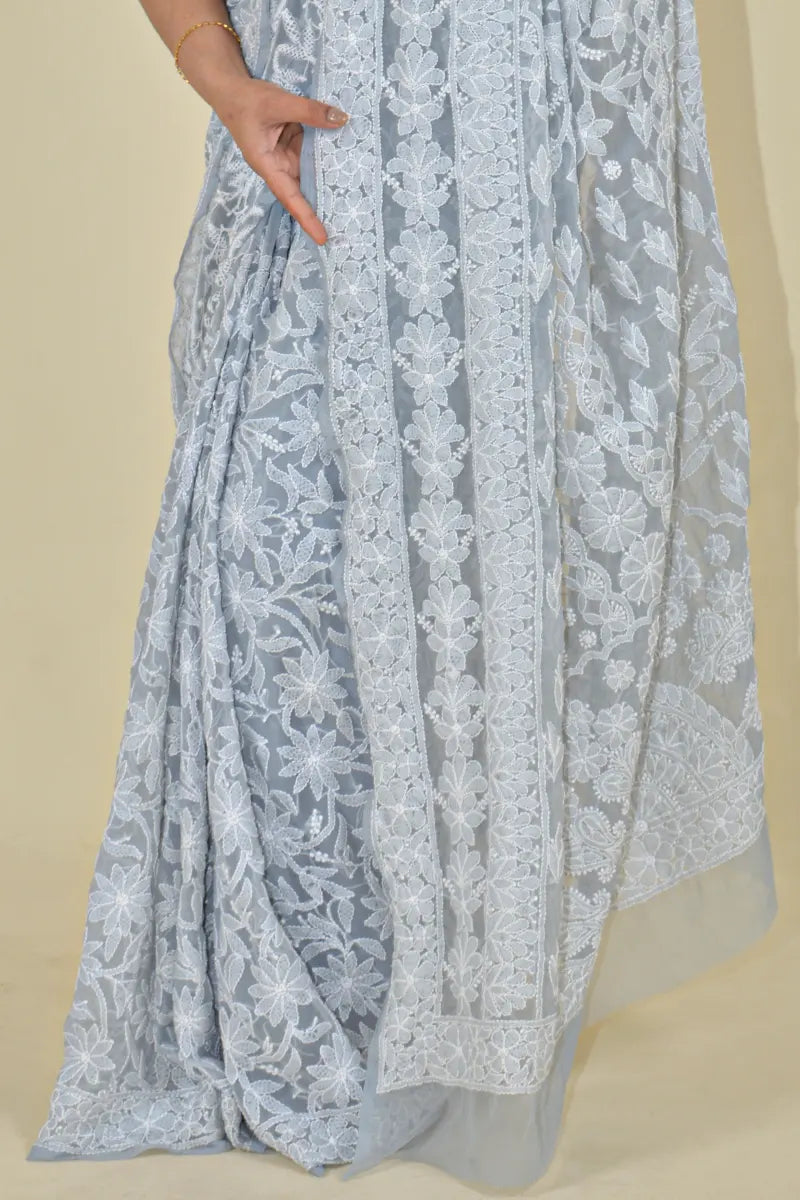 Gray Colour Georgette  Lucknowi Chikankari Saree With Blouse