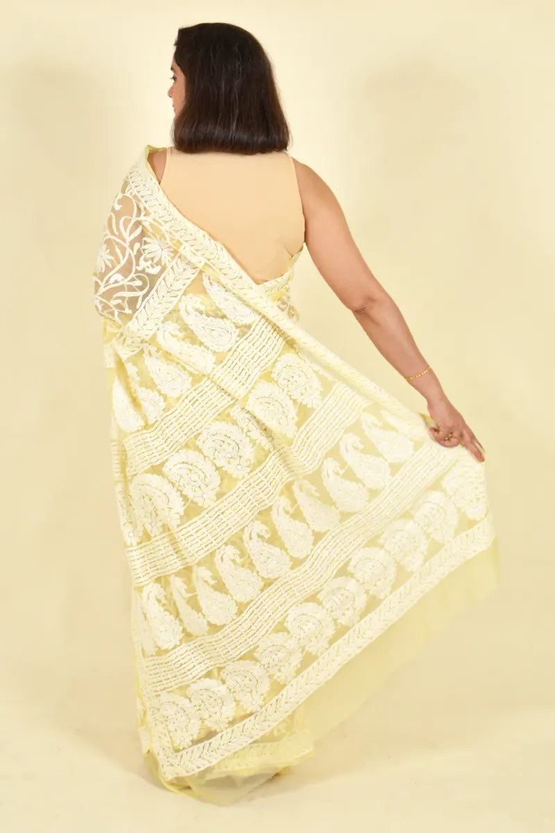 Lemon Colour Georgette Lucknowi Chikankari Saree With Blouse