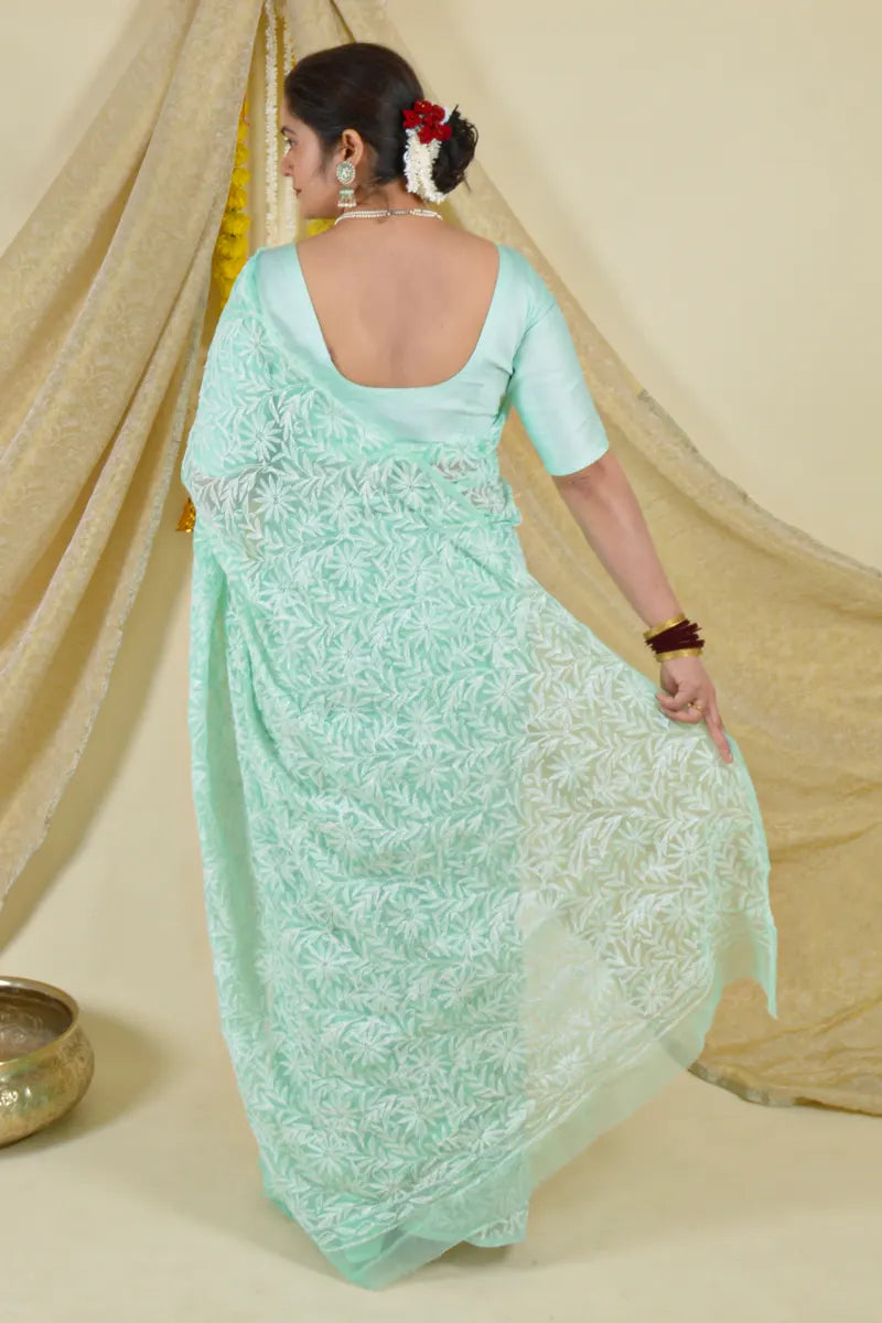 Fabnuma Handcrafted Mint Green Georgette Tepchi Work Chikankari Saree-Blouse