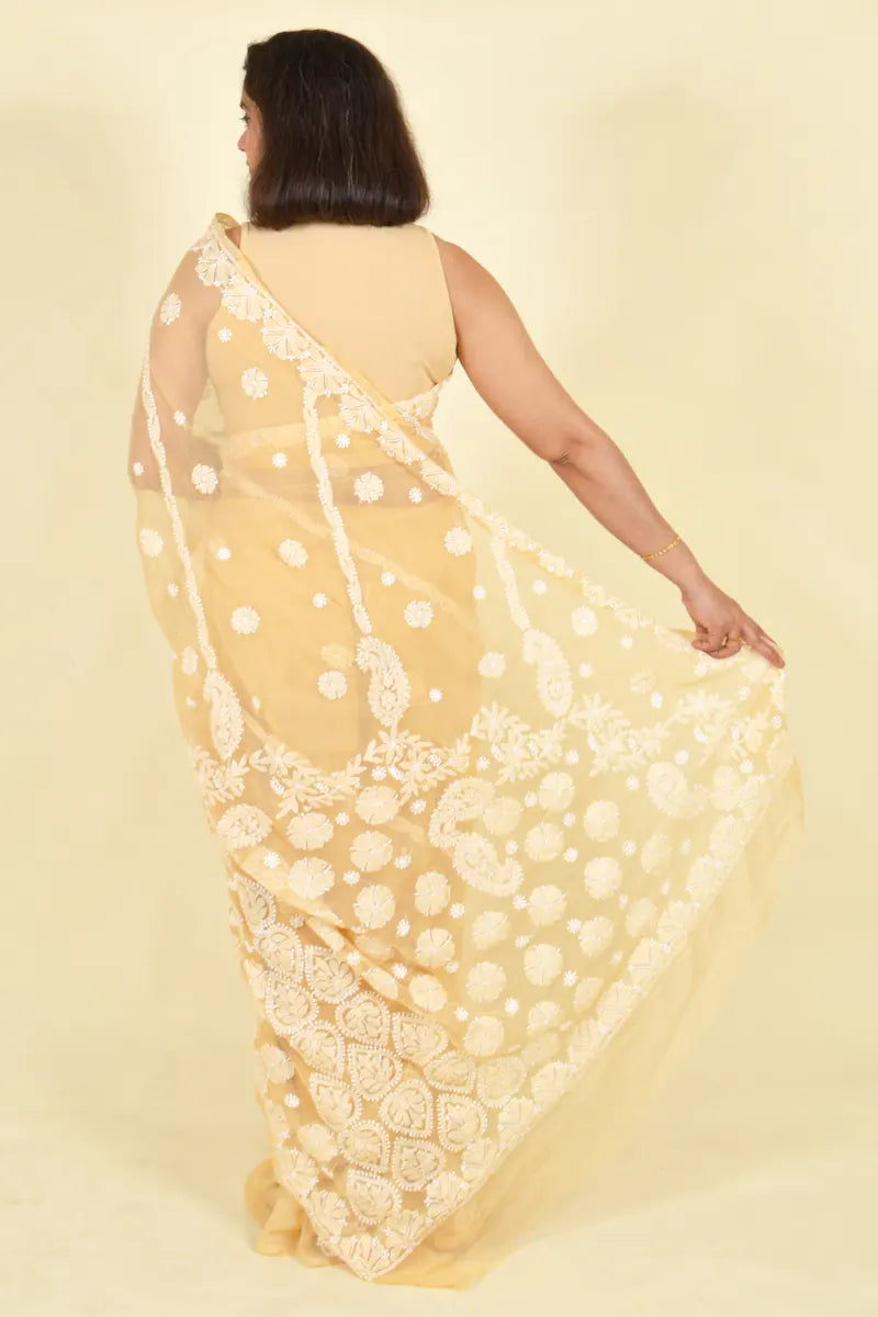 Beige Colour Georgette Lucknowi Chikankari Saree With Blouse