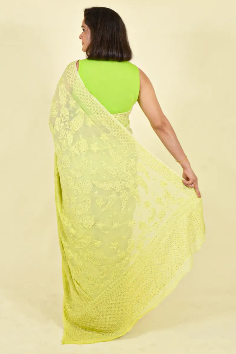 Green Colour Viscose Lucknowi Chikankari Saree With Blouse