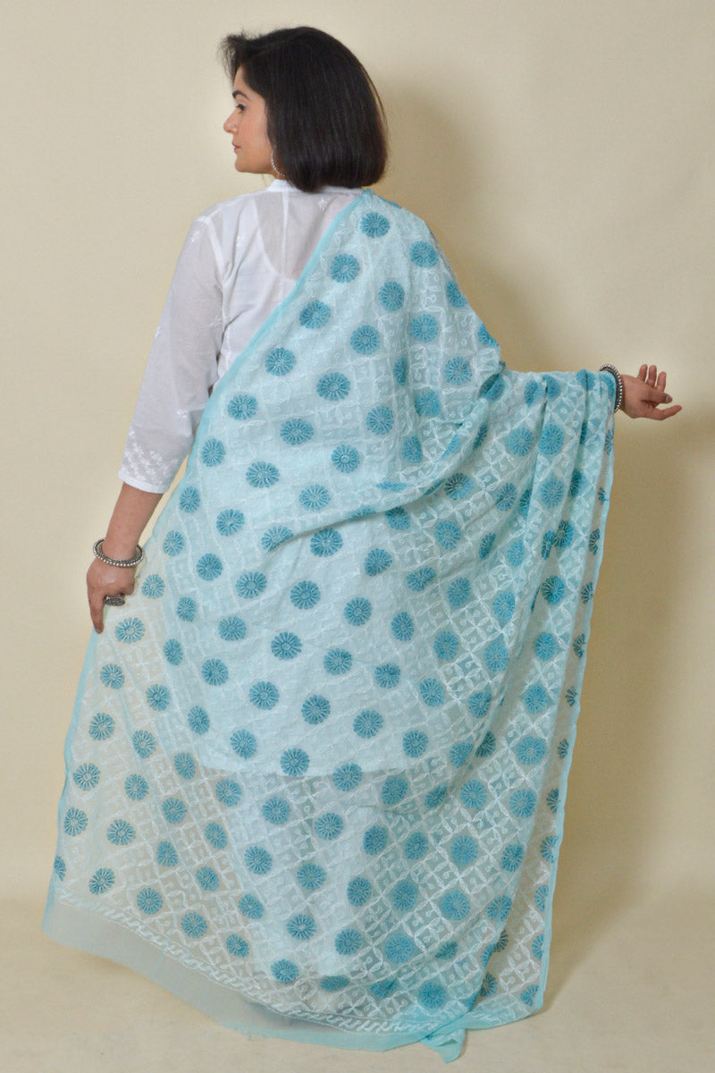 Sky Blue color Georgette Allover Tepchi work Lucknowi Chikankari Dupatta