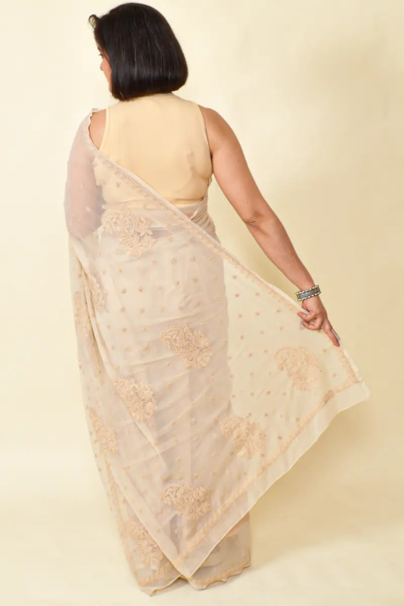 Beige Colour Georgette Lucknowi Chikankari Saree With Blouse