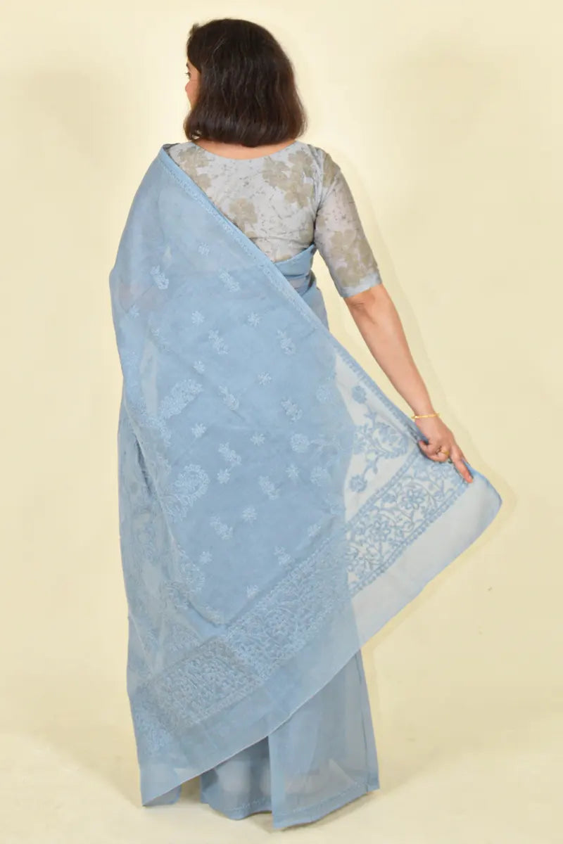 Gray Colour Cotton  Lucknowi Chikankari Saree With Blouse