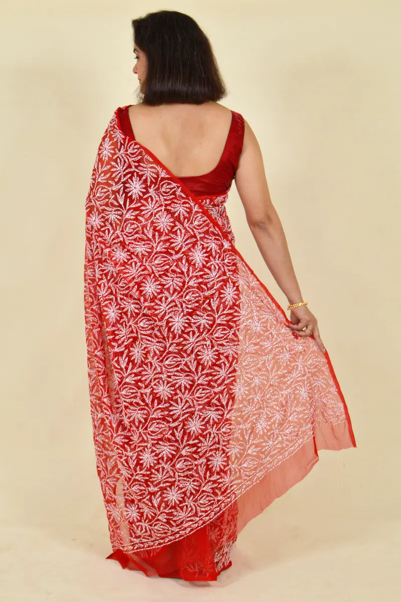 Red Colour Georgette Lucknowi Chikankari Saree With Blouse