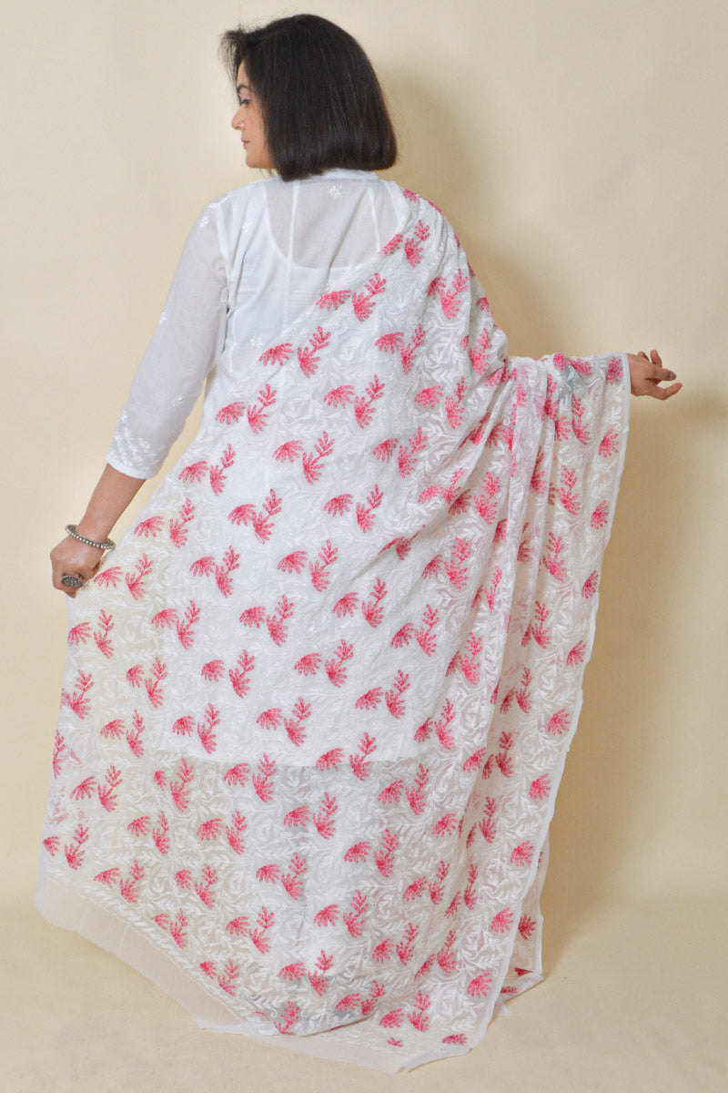 White Color Georgette Allover Tepchi work Lucknowi Chikankari Dupatta