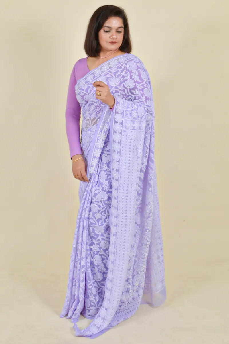 Fabnuma Handcrafted Lavender Georgette Chikankari Saree-Blouse