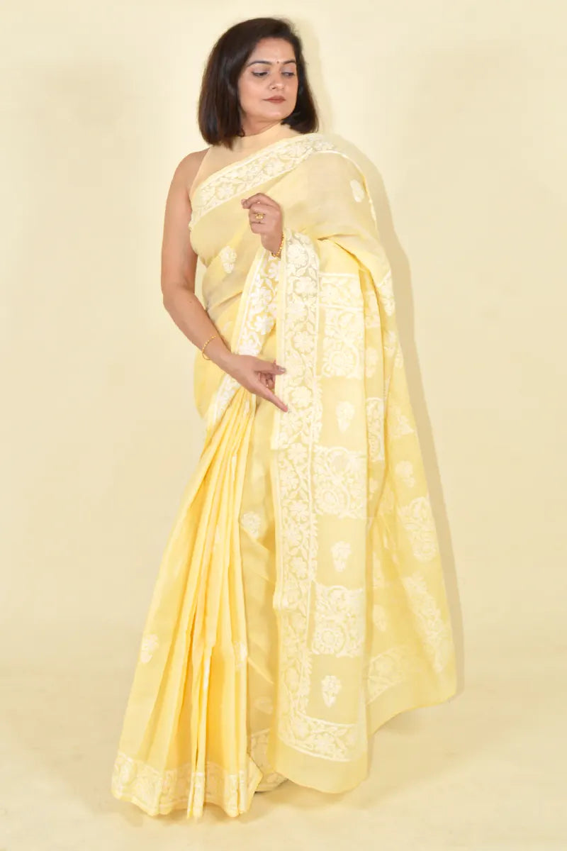 Fawn Colour Cotton Lucknowi Chikankari Saree With Blouse