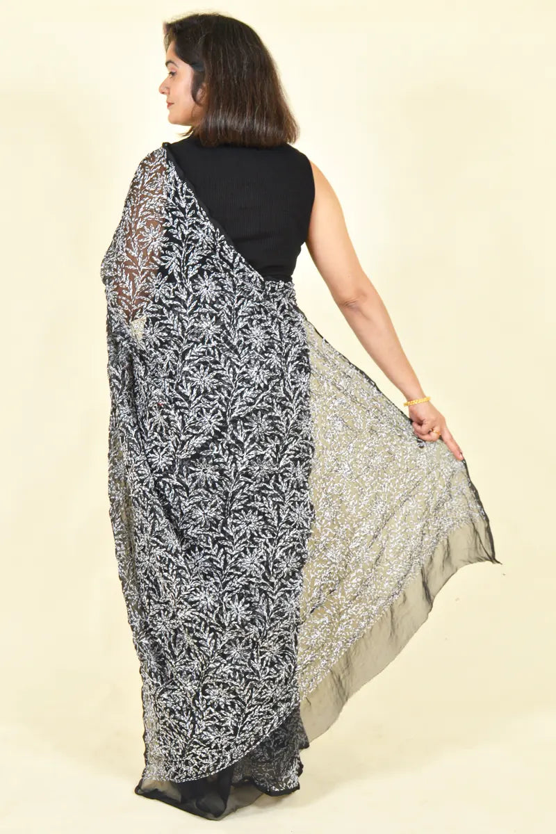 Black Colour Georgette Lucknowi Chikankari Saree With Blouse