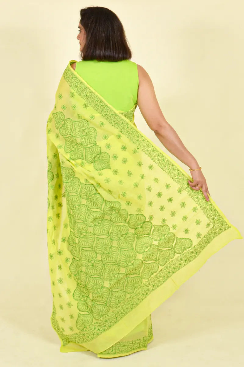 Green Colour Cotton Lucknowi Chikankari Saree With Blouse