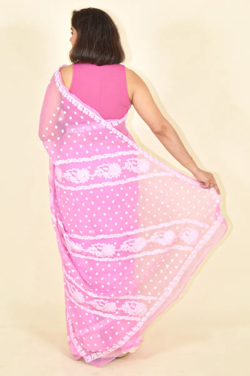 Pink Colour Georgette Lucknowi Chikankari Saree With Blouse