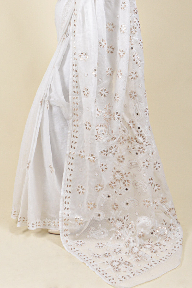 White Color Kota Cotton Lucknowi  Chikankari Saree with Blouse