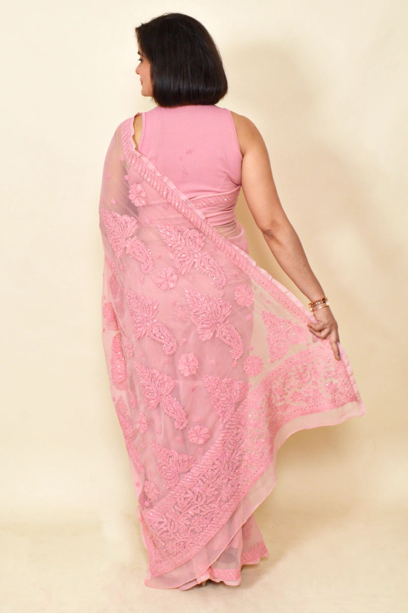 Peach Colour Georgette Lucknowi Chikankari Saree With Blouse