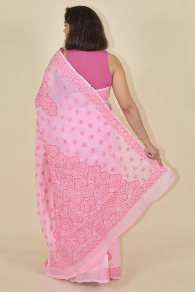 Pink Colour Cotton Lucknowi Chikankari Saree With Blouse