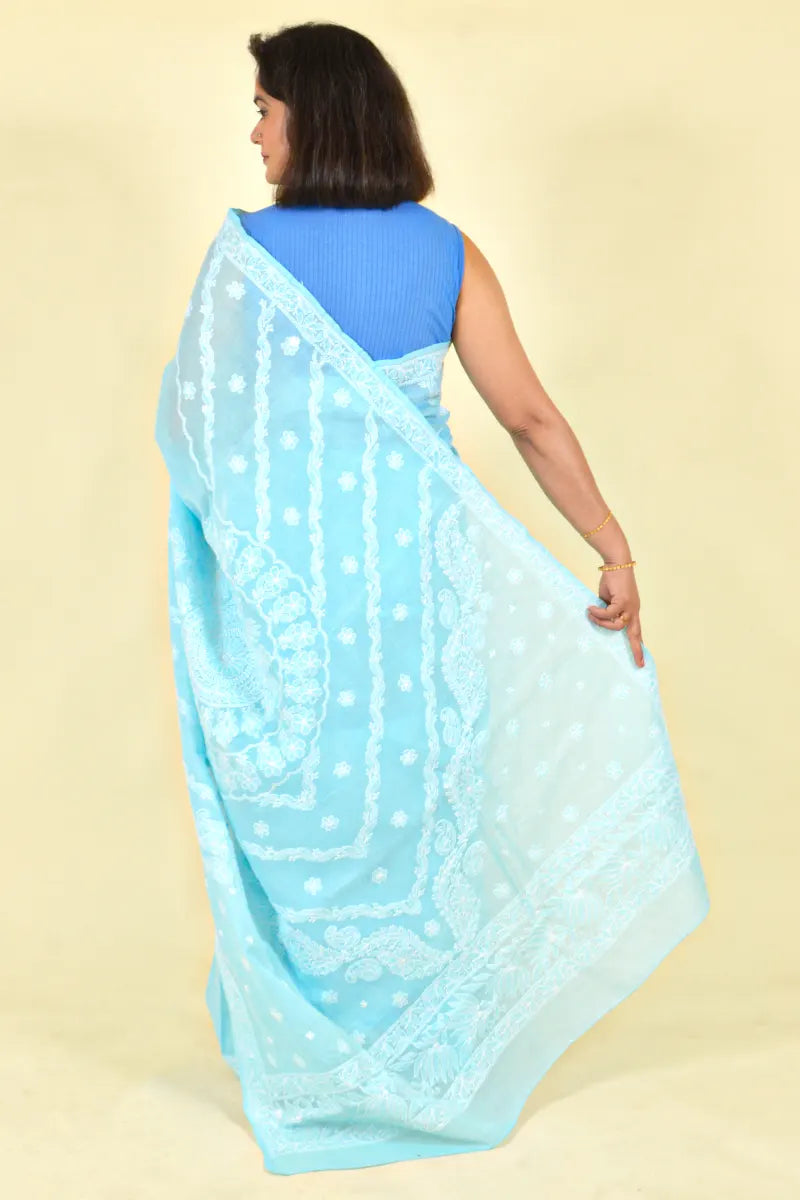 Sea Green Colour Cotton Lucknowi Chikankari Saree With Blouse