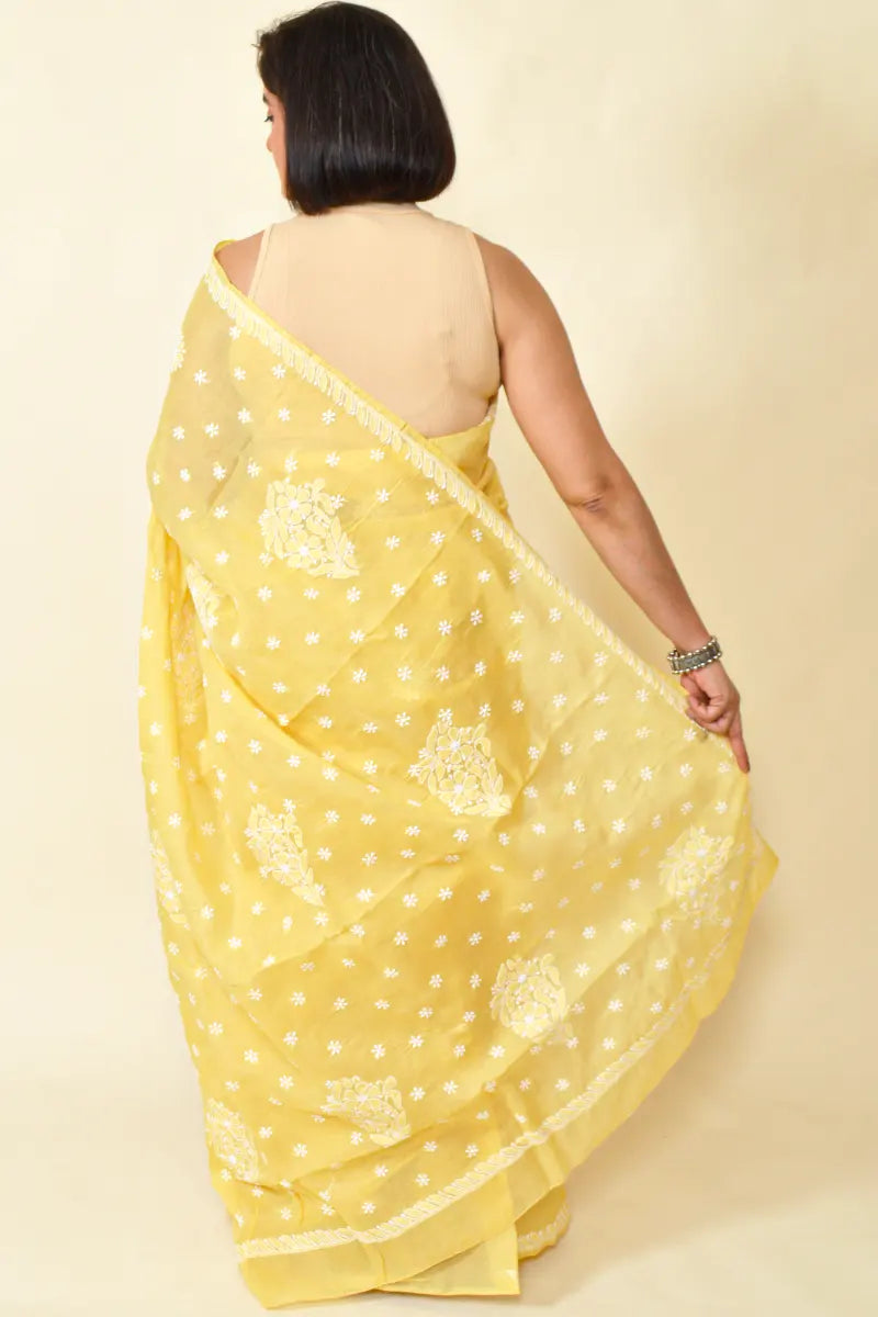 Fabnuma Handcrafted Yellow Cotton Chikankari Saree-Blouse