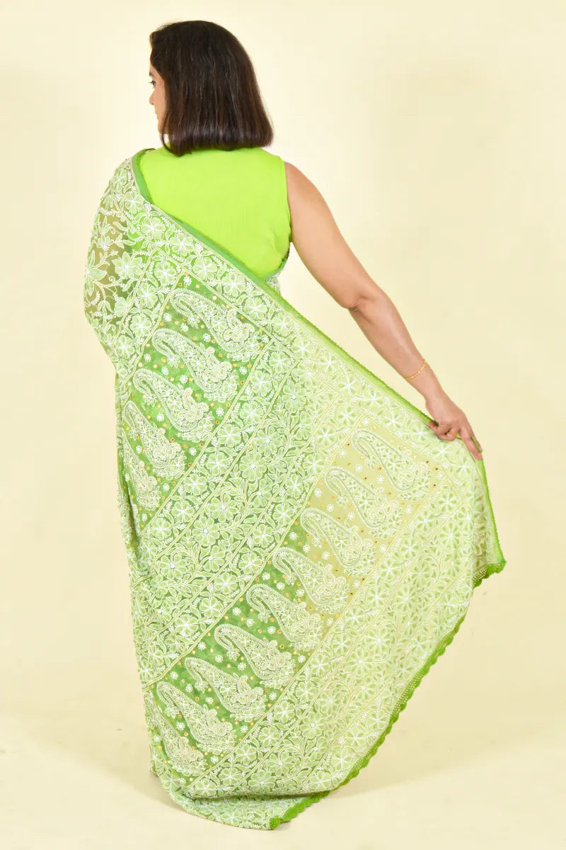 Green Colour Georgette Lucknowi Chikankari Saree With Blouse