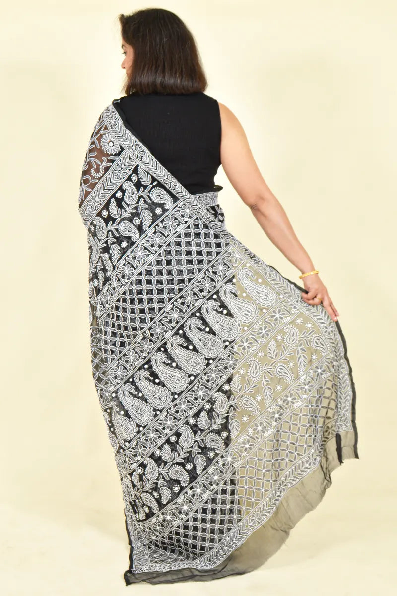 Black Colour Georgette Lucknowi Chikankari Saree With Blouse