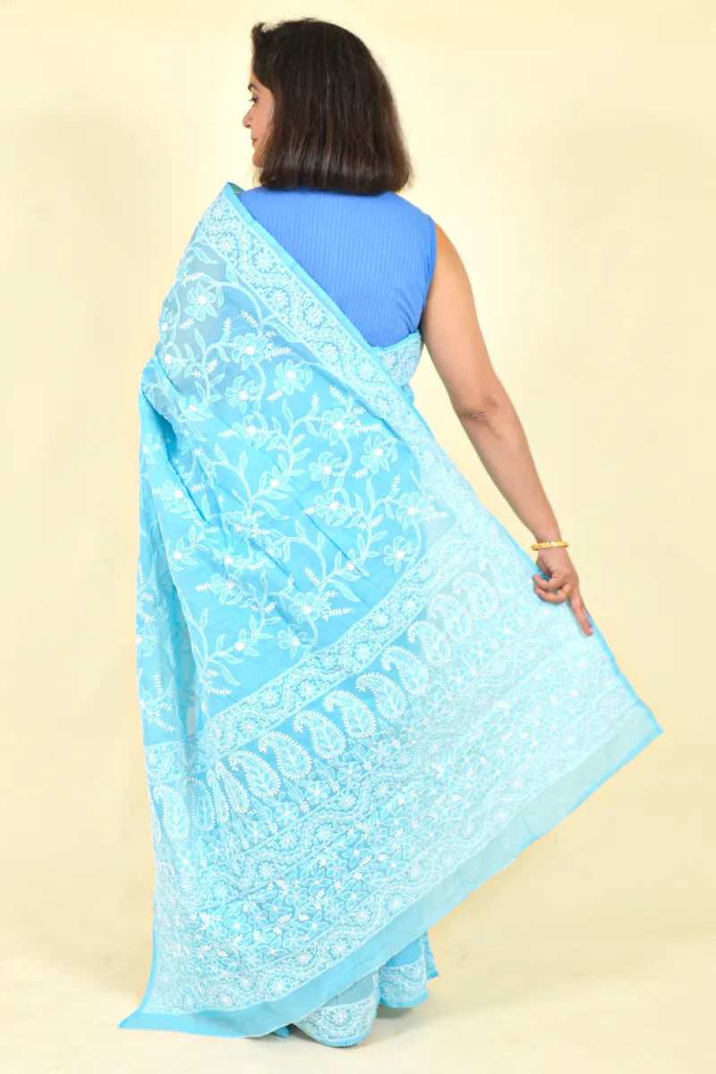 Sky Blue Colour Cotton Lucknowi Chikankari Saree With Blouse