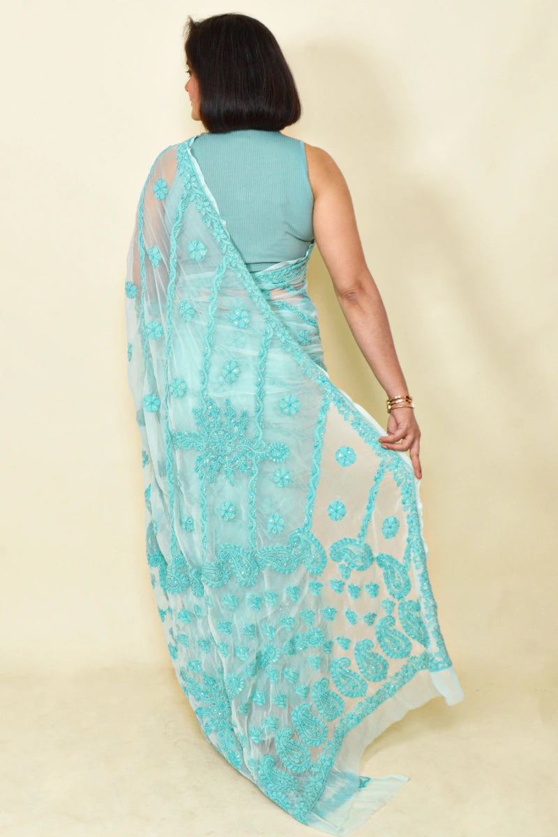 Sky Blue  Colour Georgette Lucknowi Chikankari Saree With Blouse