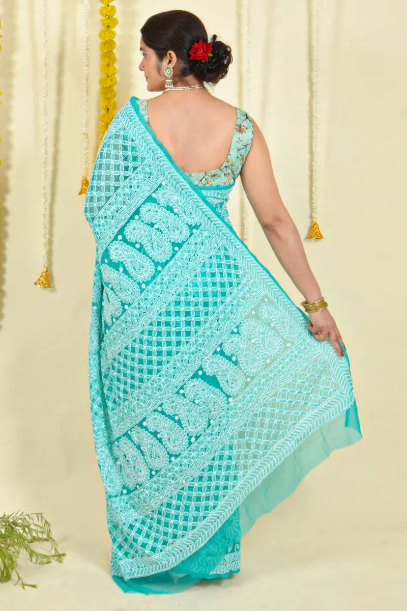 Aqua Blue Colour Georgette  Lucknowi Chikankari Saree With Blouse